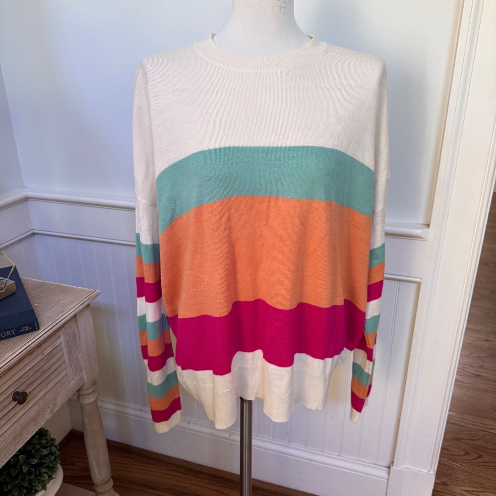 Umgee USA Womens Striped Colorblock Knit Sweater Cream Orange Pink R0555 Large